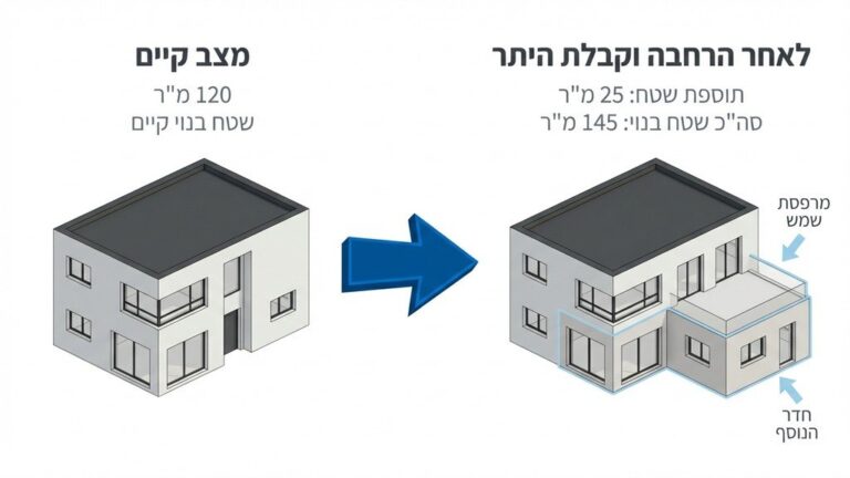 הדמיה אדריכלית של תוספת בניה לבית פרטי הכוללת חדר חדש ומרפסת שמש