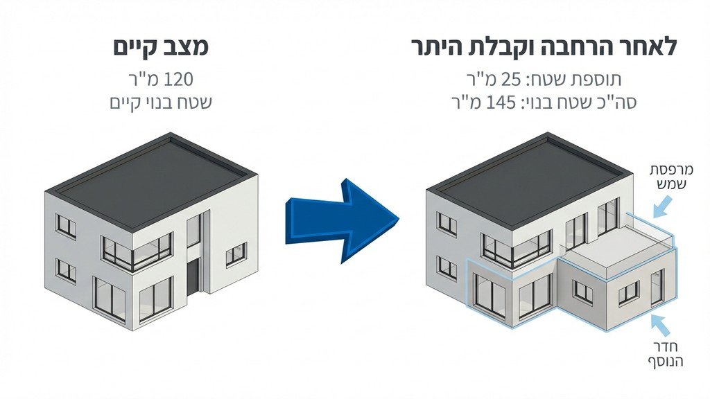 נוצר על ידי מודל בינה מלאכותית Gemini Pro הדמיה אדריכלית של תוספת בניה לבית פרטי הכוללת חדר חדש ומרפסת שמש
