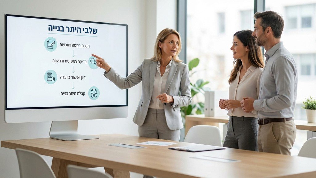 נוצר על ידי מודל בינה מלאכותית Gemini Pro אדריכל מסביר לזוג לקוחות על תהליך הרישוי במשרד מודרני מול מסך מחשב
